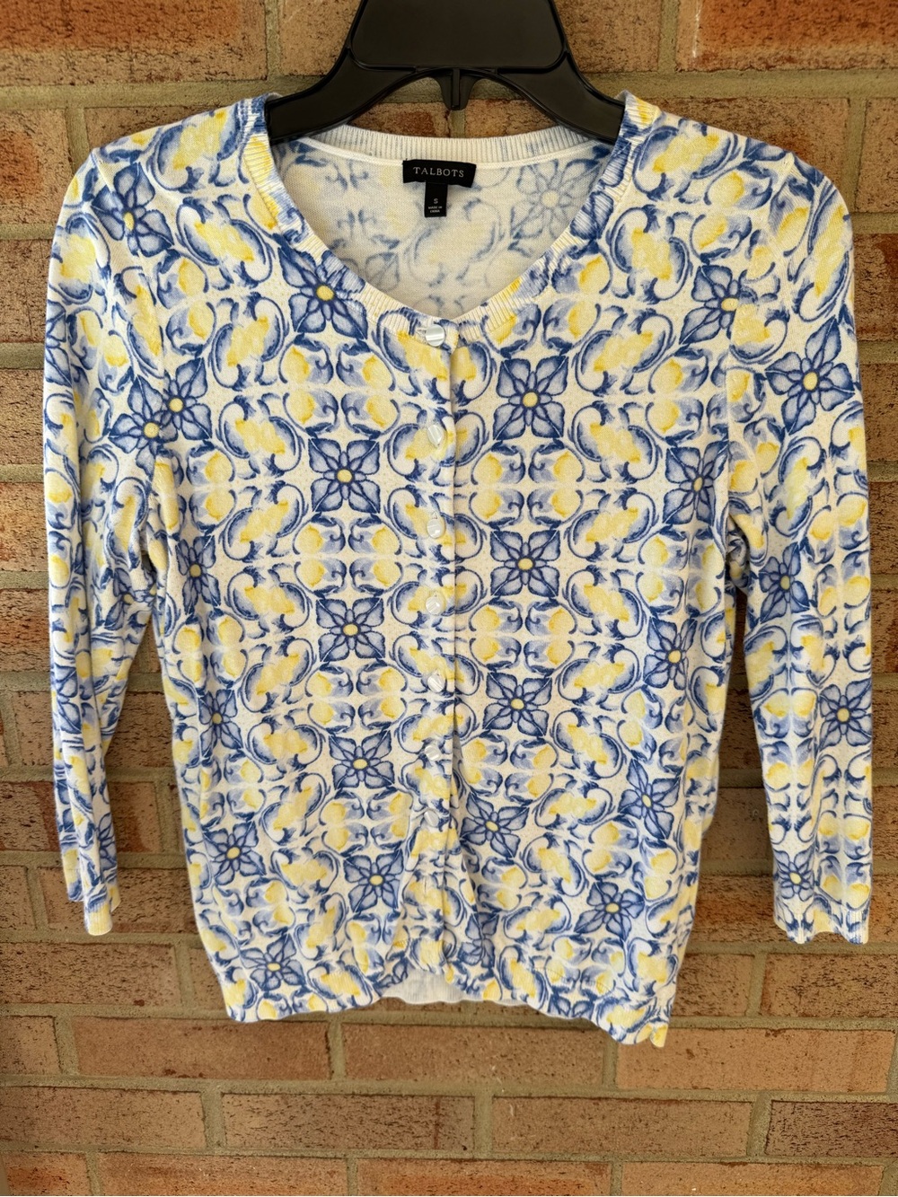 Talbots White Blue and Yellow Floral-Print Button Cardigan